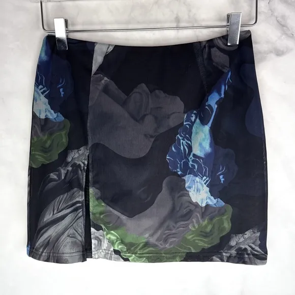 NWT White Fox Renaissance Print Mesh Mini Skirt with Slit Navy Blue Trendy Y2K M