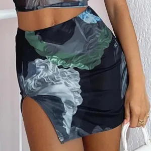NWT White Fox Renaissance Print Mesh Mini Skirt with Slit Navy Blue Trendy Y2K M