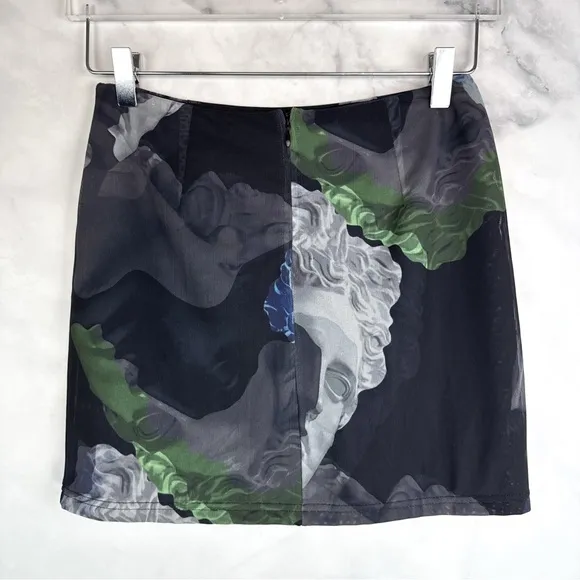NWT White Fox Renaissance Print Mesh Mini Skirt with Slit Navy Blue Trendy Y2K M