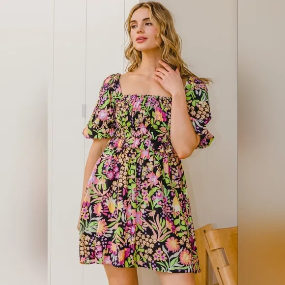 ODDI Full Size Floral Tie-Back Mini Dress