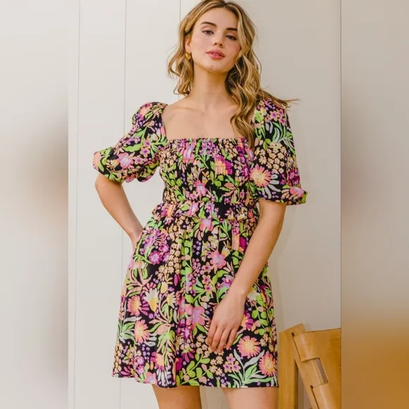 ODDI Full Size Floral Tie-Back Mini Dress