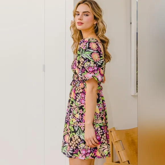 ODDI Full Size Floral Tie-Back Mini Dress
