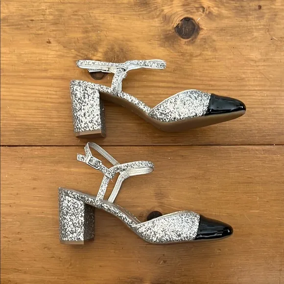 ON 34th Women's Silver Glitter and Black Slingback Heels