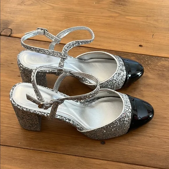 ON 34th Women's Silver Glitter and Black Slingback Heels