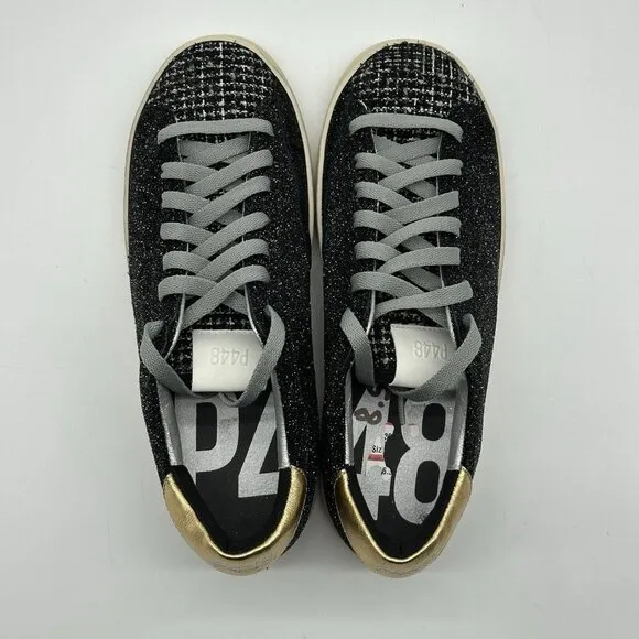 P448 John Black Glitter Tweed Low Top Sneakers Women's Size 39 / US Size 8.5