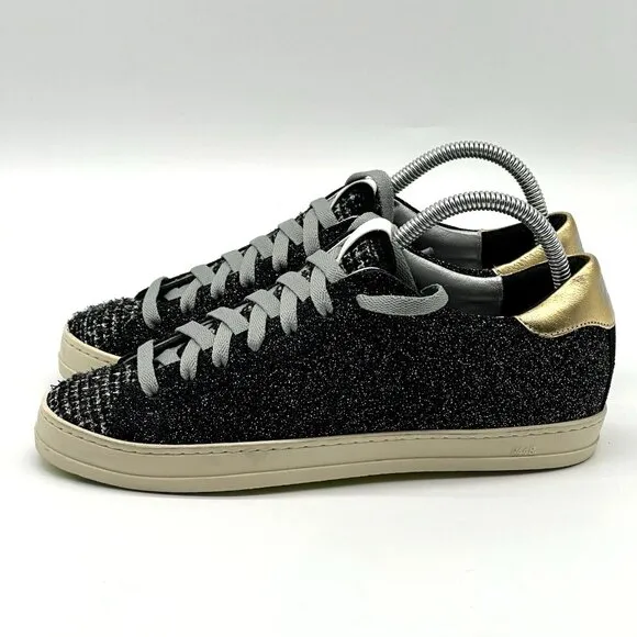 P448 John Black Glitter Tweed Low Top Sneakers Women's Size 39 / US Size 8.5