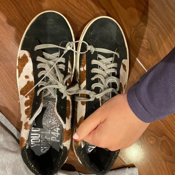 P448 / low John Calf Hair glitter Cow Print sneaker shoes  39