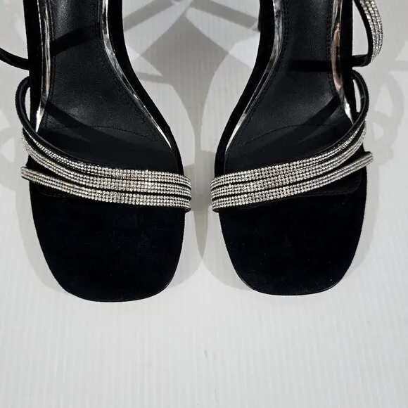 Paige Savannah Rhinestone Stiletto Heel Strappy Sandal Black Suede Size 7