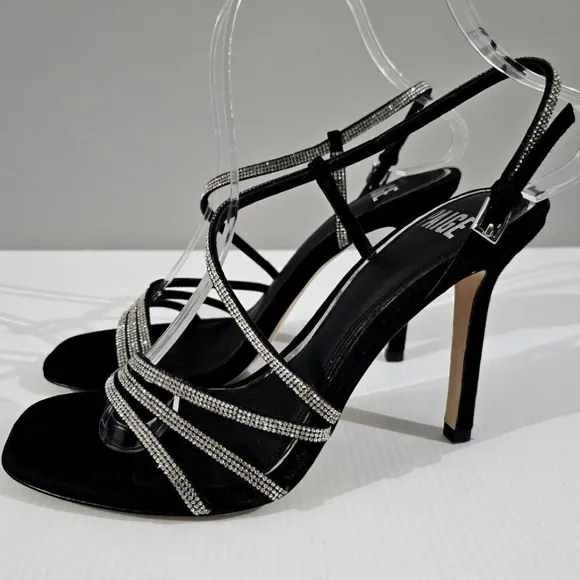 Paige Savannah Rhinestone Stiletto Heel Strappy Sandal Black Suede Size 7