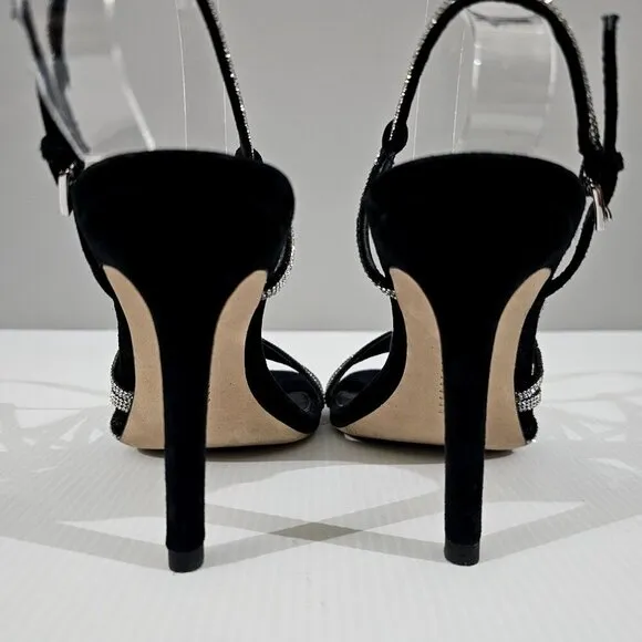 Paige Savannah Rhinestone Stiletto Heel Strappy Sandal Black Suede Size 7