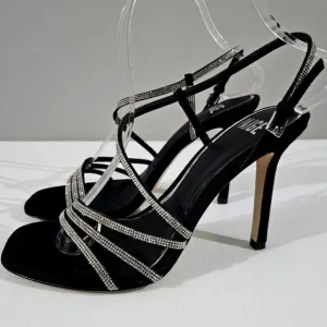 Paige Savannah Rhinestone Stiletto Heel Strappy Sandal Black Suede Size 7