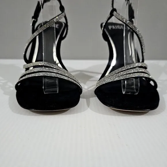 Paige Savannah Rhinestone Stiletto Heel Strappy Sandal Black Suede Size 7