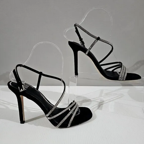 Paige Savannah Rhinestone Stiletto Heel Strappy Sandal Black Suede Size 7