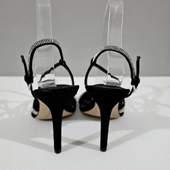 Paige Savannah Rhinestone Stiletto Heel Strappy Sandal Black Suede Size 7