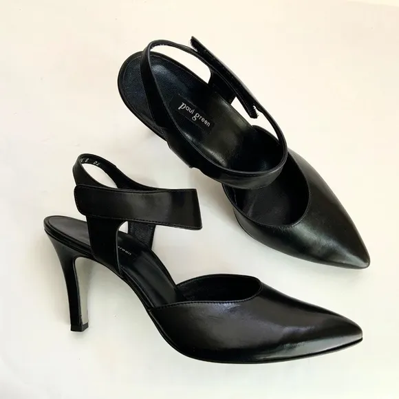 PAUL GREEN Nicolette Black Leather Pointy Toe Stiletto Heel Pumps Designer Shoes