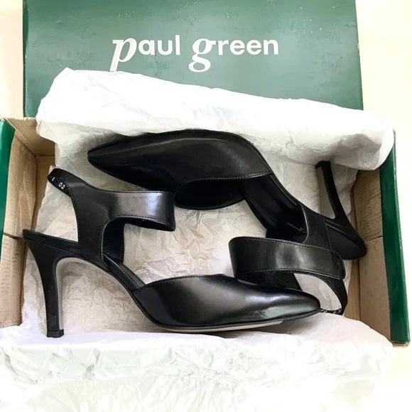 PAUL GREEN Nicolette Black Leather Pointy Toe Stiletto Heel Pumps Designer Shoes