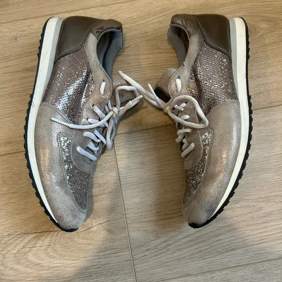 Paul Green Women’s UK 6 US 8.5 Brown Leather Lace Up Sparkle Sneakers Glitter