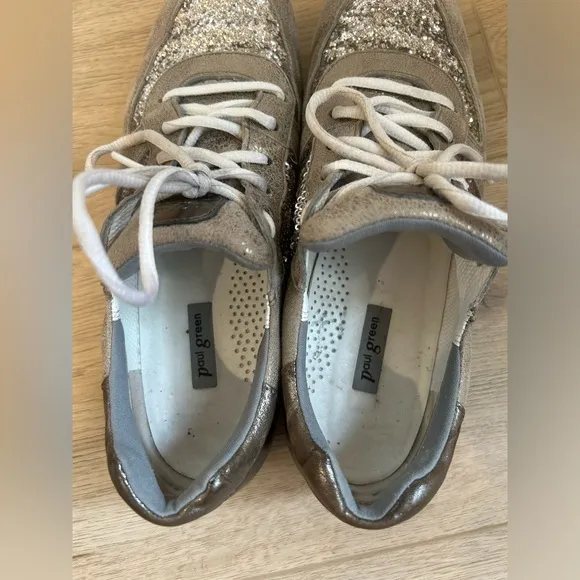 Paul Green Women’s UK 6 US 8.5 Brown Leather Lace Up Sparkle Sneakers Glitter