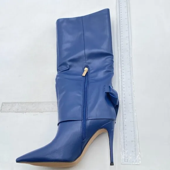 Pazzion Blue Pointy Toe Fold Stiletto High Heel Partial Zip Over Knee High Boots