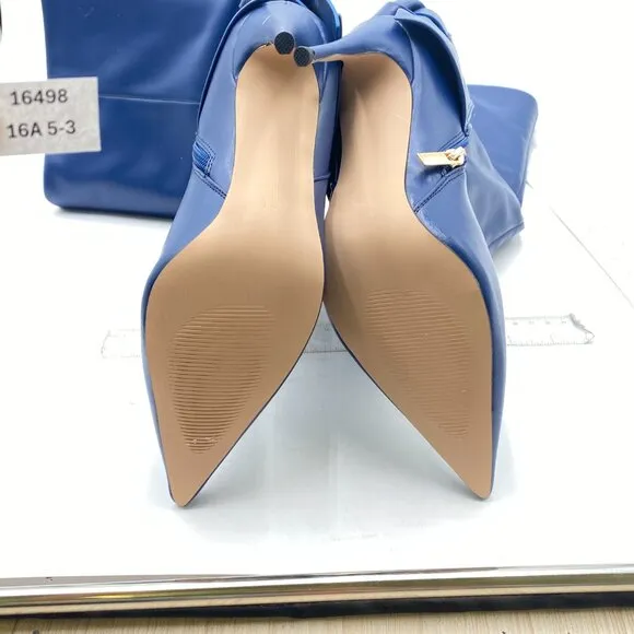 Pazzion Blue Pointy Toe Fold Stiletto High Heel Partial Zip Over Knee High Boots