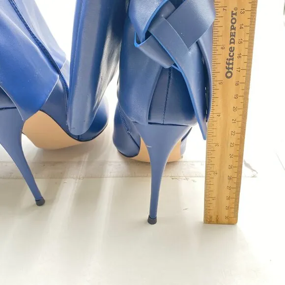 Pazzion Blue Pointy Toe Fold Stiletto High Heel Partial Zip Over Knee High Boots