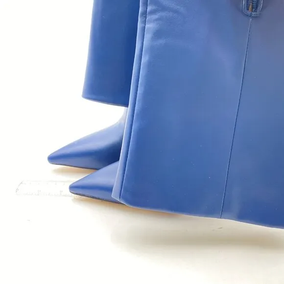 Pazzion Blue Pointy Toe Fold Stiletto High Heel Partial Zip Over Knee High Boots