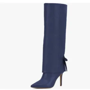 Pazzion Blue Pointy Toe Fold Stiletto High Heel Partial Zip Over Knee High Boots