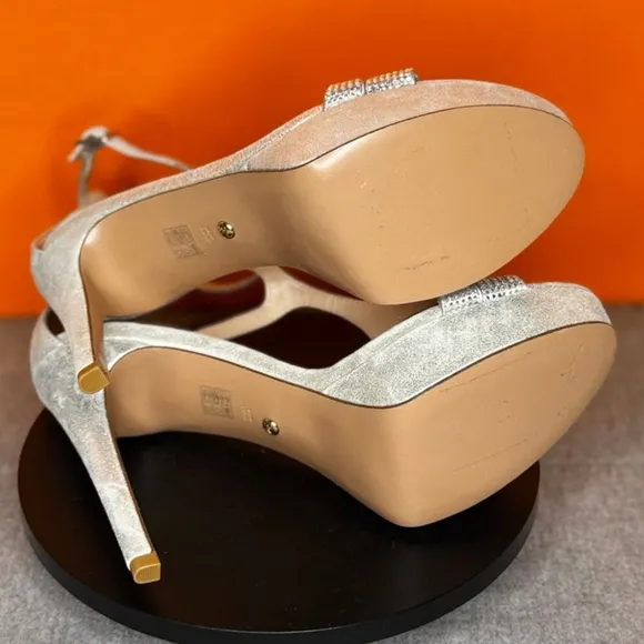 Pelle Moda Onora Silver T Strap Rhinestone Platform Stiletto Heel Size 8 M