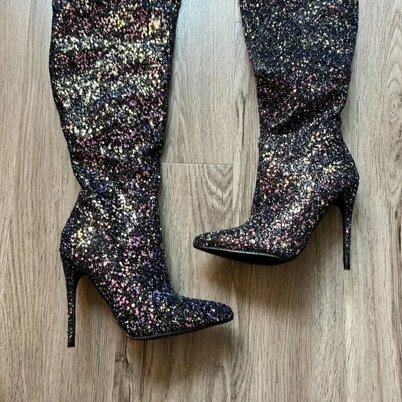 Pleaser Courtly 3015 Thigh High Heel Boots Black Glitter Size 6 NWOT