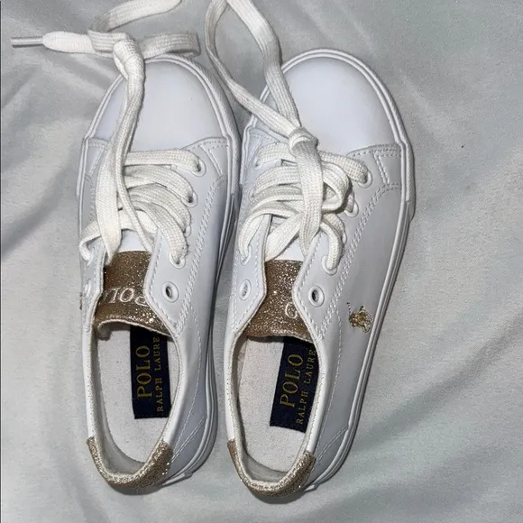 Polo Ralph Lauren, Girls size 12 Trainers Sneakers, Glittery Gold &amp; White, New