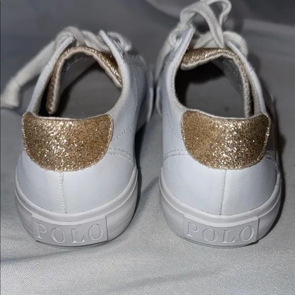 Polo Ralph Lauren, Girls size 12 Trainers Sneakers, Glittery Gold &amp; White, New