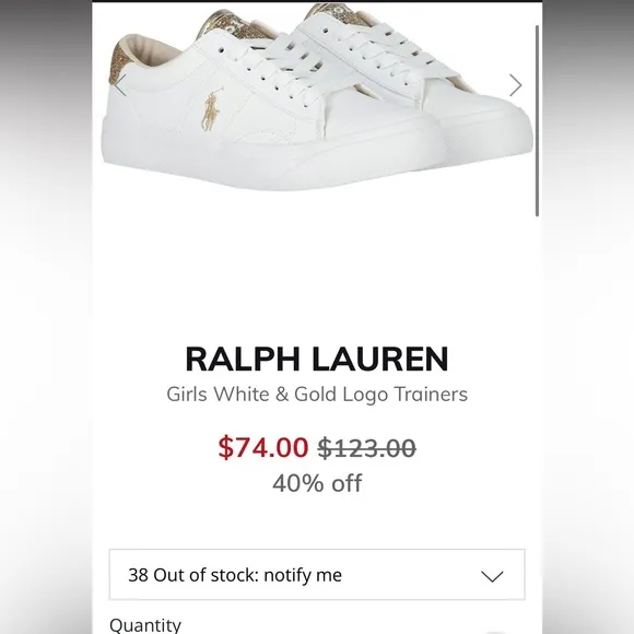 Polo Ralph Lauren, Girls size 12 Trainers Sneakers, Glittery Gold &amp; White, New