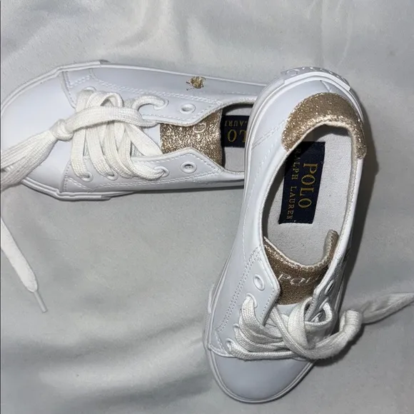 Polo Ralph Lauren, Girls size 12 Trainers Sneakers, Glittery Gold &amp; White, New