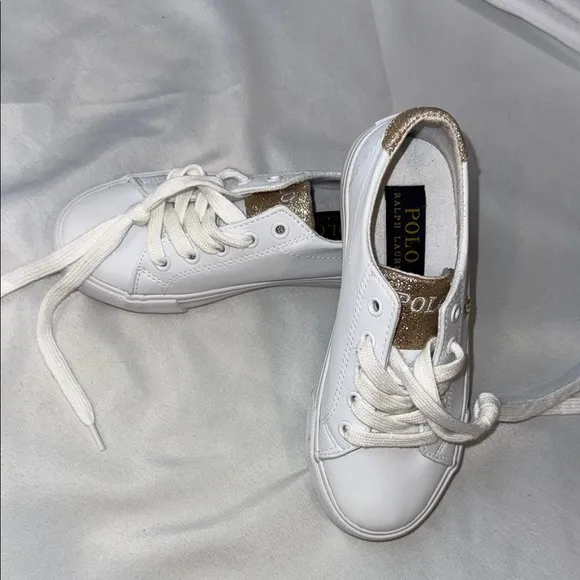 Polo Ralph Lauren, Girls size 12 Trainers Sneakers, Glittery Gold &amp; White, New