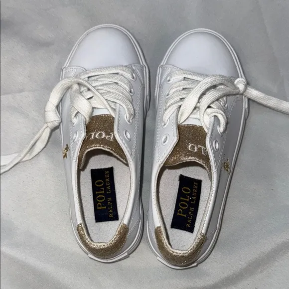 Polo Ralph Lauren, Girls size 12 Trainers Sneakers, Glittery Gold &amp; White, New