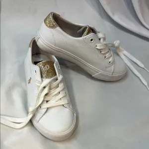 Polo Ralph Lauren, Girls size 12 Trainers Sneakers, Glittery Gold &amp; White, New