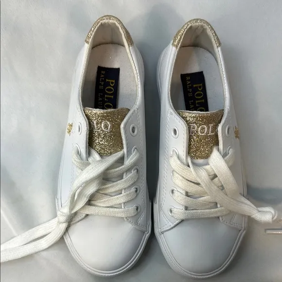 Polo Ralph Lauren, Girls size 12 Trainers Sneakers, Glittery Gold &amp; White, New
