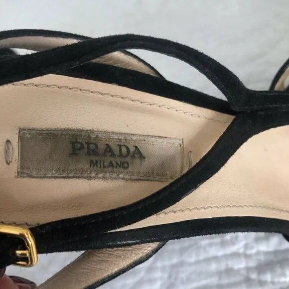 Prada Black Suede Open-Toe Platform Strappy Sandals 7