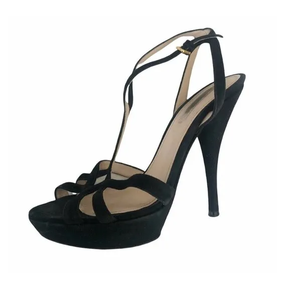 Prada Black Suede Open-Toe Platform Strappy Sandals 7