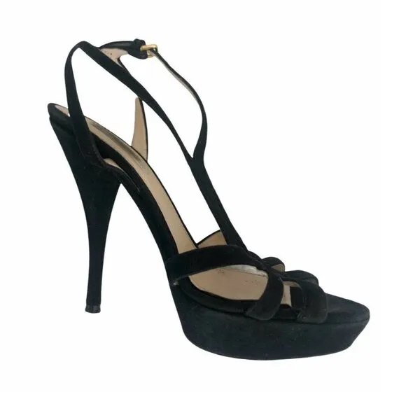 Prada Black Suede Open-Toe Platform Strappy Sandals 7
