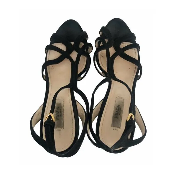 Prada Black Suede Open-Toe Platform Strappy Sandals 7