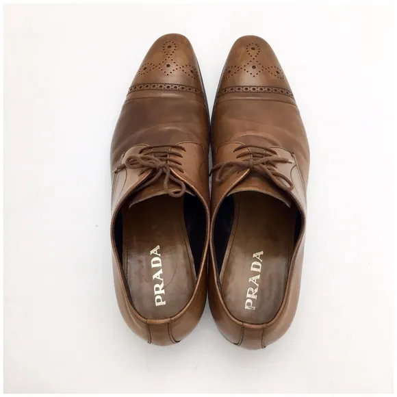 Prada Cap-Toe Oxford Leather Dress Shoes Tan Brown