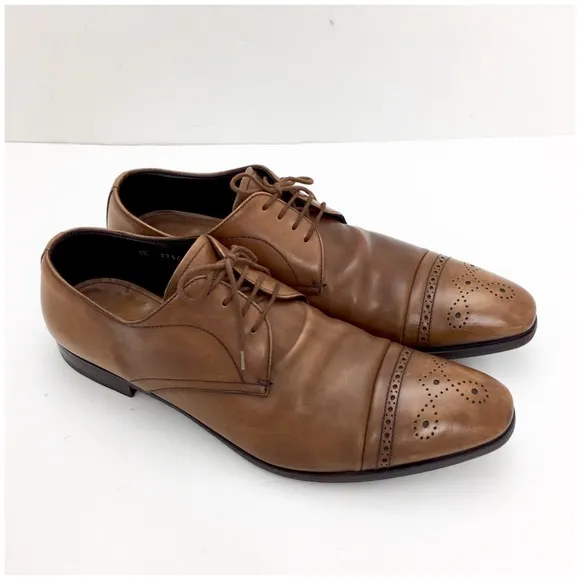 Prada Cap-Toe Oxford Leather Dress Shoes Tan Brown