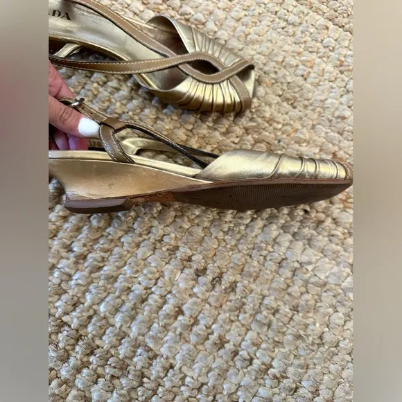 Prada Gold open toe mini wedge heel