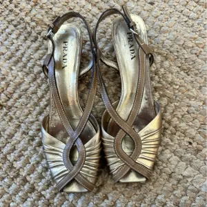 Prada Gold open toe mini wedge heel