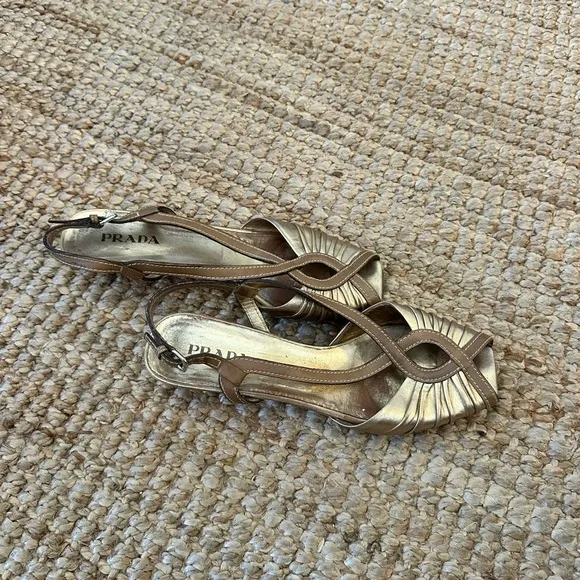 Prada Gold open toe mini wedge heel