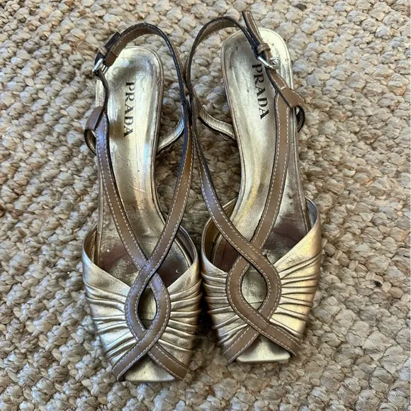 Prada Gold open toe mini wedge heel