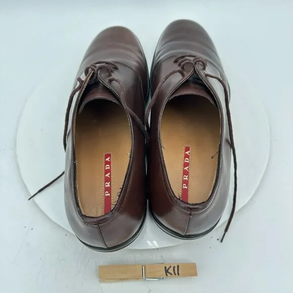 Prada Men Size 9.5 4E Brown Leather Plain Toe Lace Up Derby Dress Shoes