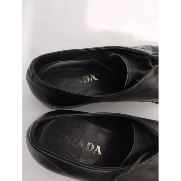 PRADA Men's Square-Toe‎ Leather Derby Formal Dress Shoes Size 9.5 Black DNC 098