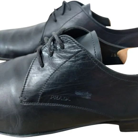 PRADA Men's Square-Toe‎ Leather Derby Formal Dress Shoes Size 9.5 Black DNC 098